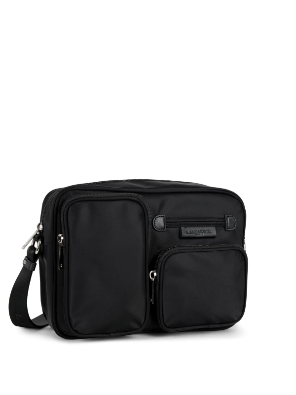 Sac Bandoulière Lancaster Toile Noir - Fermeture éclair - Logo Ronds Et écailles Argentées